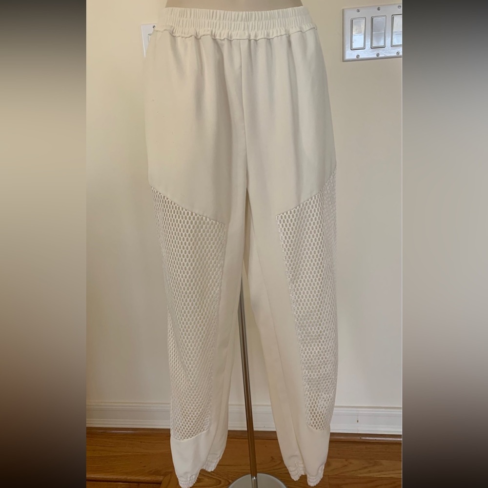 Ladies Women Junior Girls Off White Mesh Inserted Legs Jogger Pants Bottom Sz L